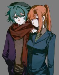 1boy 1girl :o aqua_eyes aqua_hair beanie blazer blue_jacket braid brown_shirt checkered_necktie chidouin_sara closed_mouth collared_shirt expressionless frown green_hat green_necktie grey_background hand_in_pocket hand_on_another&#039;s_shoulder hat high_ponytail highres hiyori_sou jacket kimi_ga_shine long_hair looking_ahead looking_to_the_side necktie open_clothes open_jacket open_mouth orange_hair pale_skin parted_bangs parted_lips ponytail purple_jacket red_scarf scarf shirt short_hair side_part single_hair_intake single_sidelock straight_hair upper_body wing_collar yellowmao0509