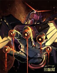Rule 34 | commentary, gundam, gundam gquuuuuux, highres, makitoyuito, mecha, mecha focus, melting, mobile suit, no humans, psycho gundam (gquuuuuux), qr code, reaching, reaching towards viewer, robot, science fiction, solo, v-fin