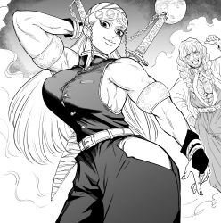 Rule 34 | 1boy, 1girl, abs, absurdres, armpits, bb (baalbuddy), belt, breasts, cropped legs, full moon, genderswap, genderswap (ftm), genderswap (mtf), greyscale, highres, kanroji mitsuri, kimetsu no yaiba, large breasts, looking at viewer, monochrome, moon, sleeveless, uzui tengen