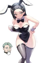 1boy 1girl alternate_costume animal_ear_hairband animal_ears artist_name black_bow black_bowtie black_hair black_leotard blush bow bowtie breasts challia_bull cleavage commentary_request comoli_harcourt covered_navel cowboy_shot detached_collar facing_viewer fake_animal_ears feet_out_of_frame fishnet_thighhighs fishnets forehead gloves green_hair grey_thighhighs groin gundam gundam_gquuuuuux hairband hand_on_own_chin highleg highleg_leotard highres holding holding_tablet_pc inset large_breasts leotard mature_female mature_male medium_hair mole mole_under_eye open_mouth outside_border pataneet playboy_bunny rabbit_ears short_hair simple_background solo_focus strapless strapless_leotard stroking_own_chin tablet_pc thigh_gap thighhighs white_background white_gloves wrist_cuffs