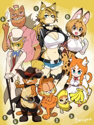 3girls 4boys absurdres animal_ears banana black_boots black_choker black_gloves black_hat black_jacket blonde_hair blue_shorts body_fur bongfill boots burgerpants cane cat_boy cat_ears cat_girl cat_tail choker closed_mouth commentary cropped_jacket cropped_shirt crossover food fruit furry furry_female furry_male garfield garfield_(character) gloves green_eyes hat highres holding holding_bandana holding_cane jacket kemono_friends lace-trimmed_sleeves lace_trim long_hair looking_at_viewer meme mimi_pearlbaton mimi_wo_sumaseba multiple_boys multiple_crossover multiple_girls o-ring o-ring_thigh_strap orange_hair ponytail puss_in_boots_(fairy_tale) puss_in_boots_(shrek) re:zero_kara_hajimeru_isekai_seikatsu sad_banana_cat_(meme) serval_(kemono_friends) shirt short_shorts shorts shrek_(series) symbol-only_commentary tail the_baron_(mimi_wo_sumaseba) thigh_strap undertale white_shirt yellow_eyes yellow_fur zenless_zone_zero