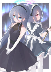 2girls absurdres alternate_costume alternate_hairstyle apron aris_(blue_archive) bare_shoulders black_choker black_dress black_hair black_hairband blue_archive blue_eyes blush breasts choker cleavage closed_mouth dress elbow_gloves gloves hair_between_eyes hairband highres holding holding_mop kei_(blue_archive) long_hair looking_at_viewer maid maid_apron maid_headdress mizusaki_(kn27) mop multiple_girls official_alternate_costume red_eyes see-through_cleavage see-through_clothes sidelocks sleeveless sleeveless_dress white_apron white_gloves white_hairband