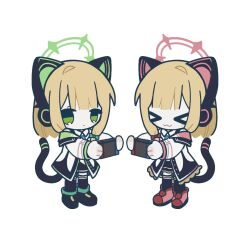 Rule 34 | &gt; &lt;, 2girls, :3, :|, animal ear headphones, animal ears, ball hands, black jacket, black shoes, black shorts, black skirt, black tail, black thighhighs, blonde hair, blue archive, blue necktie, bow, buttons, cat ear headphones, cat ears, cat tail, chibi, chibi only, chinese commentary, closed eyes, closed mouth, collared shirt, commentary, fake animal ears, fake tail, frilled jacket, frilled skirt, frills, full body, green bow, green eyes, green halo, green jacket, hair bow, halo, handheld game console, headphones, holding, holding handheld game console, jacket, long sleeves, looking at viewer, low-tied sidelocks, midori (blue archive), momoi (blue archive), multicolored jacket, multiple girls, necktie, open clothes, open jacket, pink halo, pink jacket, pink shoes, pleated skirt, red bow, remomo (11975462), school uniform, shirt, shoes, short hair, short shorts, shorts, siblings, sidelocks, simple background, sisters, skirt, smile, standing, suspender shorts, suspender skirt, suspenders, tail, thighhighs, twins, unbuttoned, unbuttoned jacket, white background, white jacket, white shirt, x3