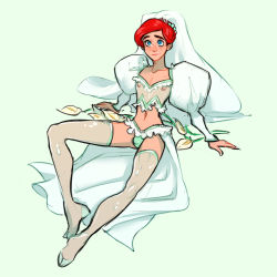 Rule 34 | 1boy, aqua eyes, aqua panties, ariel (disney), dress, full body, genderswap, genderswap (ftm), green background, highres, juliet sleeves, long sleeves, looking at viewer, midriff, navel, nipples, panties, puffy sleeves, red hair, ripushko, shadow, simple background, sitting, smile, solo, the little mermaid (disney), thighhighs, underwear, wedding dress