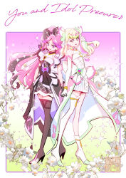 2girls artist_logo bare_arms bare_shoulders black_gloves black_hair black_socks blonde_hair bloom blunt_bangs boots bracelet braid brooch bubble_skirt choker cure_kiss cure_zukyuun dress earrings elbow_gloves floating_hair floral_background flower fortissimo frilled_dress frilled_ribbon frilled_sleeves frills full_body gingham gingham_dress gloves gradient_hair green_hair hair_extensions hair_ornament hair_ribbon hair_tie half_gloves heart-shaped_lock high_heels highres holding_hands jewelry kamikita_futago kimi_to_idol_precure knee_boots kneehighs logo long_hair looking_at_viewer mature_female meroron_(human_form) multicolored_hair multiple_earrings multiple_girls musical_note musical_note_hair_ornament parted_bangs pearl_earrings pink_hair precure puffy_short_sleeves puffy_sleeves purirun_(human_form) purple_eyes red_eyes ribbon short_sleeves single_bare_shoulder single_kneehigh single_sock skirt sleeveless socks square standing twin_braids twintails white_flower white_gloves wing_hair_ornament wrist_cuffs