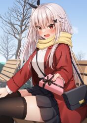 Rule 34 | 1girl, bag, bare tree, black ribbon, black skirt, blue sky, blush, box, breasts, breath, brown thighhighs, butterfly hair ornament, commentary request, day, etna (kuzuyu), feet out of frame, gift, gift box, grey hair, hair between eyes, hair ornament, hair ribbon, handbag, highres, holding, holding gift, jacket, komori kuzuyu, large breasts, long hair, long sleeves, looking at viewer, one side up, open clothes, open jacket, open mouth, original, outdoors, pleated skirt, red eyes, red jacket, ribbed sweater, ribbon, scarf, shoulder bag, skirt, sky, small sweatdrop, solo, sweat, sweater, thighhighs, tree, very long hair, white sweater, yellow scarf