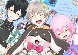 1girl 1other 2boys animal_ears anniversary arlan_(honkai:_star_rail) asta_(honkai:_star_rail) black_choker black_gloves black_hair black_jacket black_shirt blade_(honkai:_star_rail) blue_background blue_jacket bow bowtie bronya_rand buttons cable caelus_(honkai:_star_rail) camera choker closed_eyes closed_mouth coat confetti constellation_print crossed_arms crown dan_heng_(honkai:_star_rail) dan_heng_(hunt)_(honkai:_star_rail) earrings english_text eyeshadow fang fangs fingerless_gloves firefly_(honkai:_star_rail) frills fur_trim gem gepard_landau gloves grey_hair hair_between_eyes happy highres himeko_(honkai:_star_rail) honkai:_star_rail honkai_(series) hood hooded_jacket hug jacket jewelry jing_yuan kafka_(honkai:_star_rail) long_sleeves makeup march_7th_(honkai:_star_rail) march_7th_(preservation)_(honkai:_star_rail) mini_crown multiple_boys open_clothes open_coat open_mouth photo_(object) pink_bow pink_bowtie pink_gemstone pink_hair pom-pom_(honkai:_star_rail) rabbit_ears red_eyeshadow seele_(honkai:_star_rail) shadow shirt short_hair sidelocks silver_wolf_(honkai:_star_rail) simple_background single_earring skin_fang skin_fangs smile teeth tongue trailblazer_(honkai:_star_rail) two-sided_fabric two-sided_jacket usata welt_yang white_coat yanqing_(honkai:_star_rail) yellow_jacket