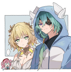 ... 1boy 2girls aglaea_(honkai:_star_rail) anaxa_(honkai:_star_rail) animal_costume aqua_eyes beret blonde_hair breasts cleavage commentary_request dress droma_(honkai:_star_rail) eyepatch green_eyes hat honkai:_star_rail honkai_(series) hyacine_(honkai:_star_rail) large_breasts laurel_crown medium_hair multicolored_hair multiple_girls pink_hair satorigame spoken_ellipsis twintails two-tone_hair white_dress