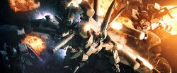 battle beam_rifle commentary_request debris earth_federation energy_gun explosion firing fleet gm_iii gundam gundam_unicorn highres igaraigara jegan mecha mecha_focus missile mobile_suit no_humans prototype_stark_jegan realistic robot science_fiction shield space stark_jegan weapon