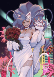 1girl animal_ear_fluff animal_ears animal_hands artist_name bare_shoulders big_hair blue_hair bouquet breasts building cat_ears cat_girl cat_paws cat_tail choker city claws cleavage commentary commentary_request cover darkstalkers dress english_commentary felicia_(darkstalkers) flower green_eyes highres holding holding_bouquet jewelry kumanz large_breasts long_hair looking_at_viewer mixed-language_commentary necklace night night_sky open_mouth qr_code red_flower red_rose rose side_slit sky skyscraper slit_pupils smile solo strapless strapless_dress tail tree very_long_hair wedding_dress white_choker white_dress white_fur