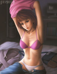 1girl artist_name black_hoodie blue_eyes blue_pants bra breasts brown_bag brown_hair clothes_pull denim freckles highres hood hoodie indoors jeans life_is_strange_(series) life_is_strange_1 looking_at_viewer max_caulfield navel on_bed panties pants pants_pull pink_bra pink_shirt shirt short_hair sitting small_breasts solo underwear undressing white_panties yupachu