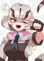 Rule 34 | 1girl, black gloves, black hair, black necktie, black trim, black vest, boa constrictor (kemono friends), collared shirt, cuffs, fangs, fingerless gloves, gloves, grey hair, grey hoodie, hair between eyes, handcuffs, highres, hood, hood down, hoodie, kemono friends, kemono friends 3, looking at viewer, multicolored hair, necktie, nijiiro (graynbow wolf), open mouth, shirt, short hair, short sleeves, sidelocks, slit pupils, smile, snake girl, snake tail, solo, sparkling eyes, tail, two-tone hair, upper body, vest, white shirt, yellow eyes