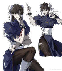 ... 2boys ? alternate_costume arm_tattoo artist_name black_pantyhose blue_dress boots bracelet brown_eyes brown_hair bun_cover capcom china_dress chinese_clothes chinese_commentary chun-li chun-li_(cosplay) command_spell commentary_request cosplay cropped_legs crossdressing curtained_hair double_bun dress dual_persona elbow_rest evil_smile expressionless fate/stay_night fate/zero fate_(series) fighting_stance hair_bun hand_on_own_chin hands_up highres jewelry knee_boots knee_up kotomine_kirei kotomine_kirei_(fate/zero) kung_fu lace-up_boots looking_ahead looking_at_viewer male_focus mandarin_collar multiple_boys pantyhose parody parted_lips partially_shaded_face pelvic_curtain puffy_short_sleeves puffy_sleeves red_tattoo short_hair short_sleeves side_slit simple_background skanroooo smile spiked_bracelet spikes standing street_fighter stroking_own_chin tattoo thick_thighs thighs torn_clothes torn_pantyhose very_short_hair watermark weibo_watermark white_background white_boots