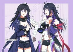 2girls ahoge bandaged_arm bandages benghuai_xueyuan black_hair blue_eyes blue_hair coat honkai:_star_rail honkai_(series) looking_at_another midriff multicolored_hair multiple_girls one_eye_closed purple_eyes ribbon seele_(honkai:_star_rail) seele_vollerei seele_vollerei_(benghuai_xueyuan) seele_vollerei_(fire_moth) two-tone_hair watermark