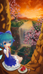 3girls absurdres akanbe black_dress black_hair blonde_hair blue_dress blue_eyes blue_hair blurry bow bridge cherry_blossoms cirno cliff cloud collared_shirt cushion depth_of_field dress eyelid_pull falling_petals fishing fla food forest from_above fruit hair_bow hakurei_reimu hakurei_shrine hat highres ice ice_wings kirisame_marisa legs_together looking_at_viewer looking_back mountain multiple_girls nature orange_sky outdoors petals plate red_skirt reflection ribbon river salt salt_shaker shirt silhouette sitting sketch skirt sky sleeveless sleeveless_dress stairs stream sunset tagme tongue tongue_out torii touhou tree water waterfall watermelon white_shirt wings witch_hat