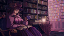 1girl absurdres acrylic_paint_(medium) book book_stack bookmark bookshelf breasts chair collar commentary crescent crescent_pin cup female_focus frown glowing hat hat_ribbon hidden_eyes highres holding holding_cup inkwell lamp library light long_hair long_sleeves medium_breasts open_book painting_(medium) patchouli_knowledge purple_hair quill reading reflective_floor ribbon scenery shading shadow solo table tablecloth teacup tile_floor tiles touhou traditional_media u-joe very_long_hair voile