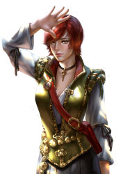 1girl absurdres arm_up green_eyes highres jess_reinhardt jewelry looking_at_viewer necklace red_hair shani_(the_witcher) short_hair simple_background solo the_witcher_(series) the_witcher_3 white_background