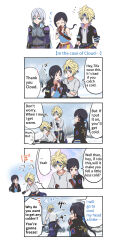 1girl 2boys ? absurdres armpit_crease asami_yutori bare_shoulders black_gloves black_hair black_jacket blonde_hair blue_cape blue_eyes blue_headband blue_shirt blue_sky blush breasts breath brown_gloves cape cloud_strife cloud_strife_(locke&#039;s_outfit) cold collarbone commentary_request cosplay cowboy_shot crop_top earrings edgar_roni_figaro edgar_roni_figaro_(cosplay) english_text exercising final_fantasy final_fantasy_vi final_fantasy_vii final_fantasy_vii_ever_crisis flying_sweatdrops full-face_blush gloves grey_hair grey_shirt head_steam headband highres imagining jacket jacket_on_shoulders jewelry locke_cole locke_cole_(cosplay) long_hair looking_at_another low_ponytail medium_breasts midriff_peek motion_lines multiple_boys navel necklace official_alternate_costume open_clothes open_jacket open_mouth outdoors ponytail red_eyes sabin_rene_figaro sabin_rene_figaro_(cosplay) sephiroth sephiroth_(edgar&#039;s_attire) sephiroth_(ever_crisis) shirt short_hair sky snow snowing speech_bubble spiked_hair squatting tifa_lockhart tifa_lockhart_(sabin&#039;s_style) tree trembling upper_body