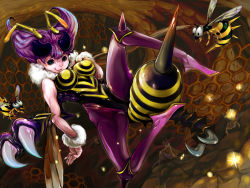 4girls antennae aqua_eyes arthropod_girl bee bee_girl breasts bug capcom chinchira claws clone darkstalkers donkey_kong_(series) donkey_kong_country dutch_angle female_focus fur honeycomb honeycomb_pattern indoors insect insect_girl monster_girl multiple_girls nintendo pantyhose purple_hair purple_legwear q-bee short_hair zinger_(donkey_kong)