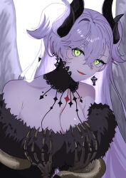 1girl absurdres bare_shoulders breasts cleavage demon_girl demon_horns demon_wings earrings fate/grand_order fate_(series) gold_snake green_eyes grey_hair grey_wings hair_around_horn hair_between_eyes highres horns jewelry lace-trimmed_robe large_breasts lilith_(fate) lilith_(third_ascension)_(fate) long_hair looking_at_viewer neck_collar no_bra off_shoulder open_mouth piercing pointy_ears simple_background skeletal_bracelet skeletal_hand smile snake snake_wrapped_around_body solo tattoo tattoo_between_breasts upper_body very_long_hair white_background wings yuritoame