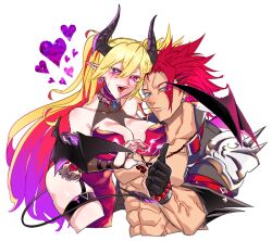 Rule 34 | 1boy, 1girl, abs, bare shoulders, black gloves, black horns, black jacket, black tail, black wings, blonde hair, breasts, cleavage, cowboy shot, cropped jacket, demon girl, demon horns, demon tail, demon wings, dress, duel monster, fiendsmith engraver, gloves, heart, heart hands failure, horns, jacket, lacrima the crimson tears, large breasts, long hair, multicolored hair, no shirt, open mouth, pink hair, purple eyes, red dress, red hair, seisei neko, sharp teeth, shoulder spikes, simple background, single shoulder pad, spiked hair, spikes, tail, teeth, thumbs up, tongue, two-tone hair, two side up, upper body, upper teeth only, very long hair, white background, wings, yu-gi-oh!
