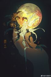 Rule 34 | 1girl, absurdres, antennae, aqiu4682, arm behind head, arthropod girl, black sky, butterfly wings, closed eyes, dark, dress, flower, full moon, glowing, highres, holding, holding flower, insect wings, long dress, long hair, long sleeves, mini person, minigirl, moon, night, night sky, original, petals, pov, pov hands, red flower, sky, sleeves past fingers, sleeves past wrists, solo focus, straight hair, title, very long hair, watermark, weibo watermark, white dress, white hair, white wings, wings