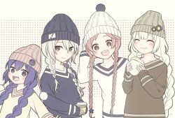 Rule 34 | 4girls, :d, alternate costume, alternate hairstyle, beanie, blue hair, blue hat, blue shirt, blue trim, braid, brown eyes, brown shirt, commentary request, cup, disposable coffee cup, disposable cup, fang, flower (vocaloid), food, grey eyes, grey hat, hat, highres, holding, holding cup, holding food, kizuna akari, looking at viewer, low twin braids, multiple girls, open mouth, otomachi una, pink eyes, pink hair, pink hat, pink trim, pom pom (clothes), pom pom beanie, purple streaks, sf-a2 miki, shirt, simple background, skc, smile, twin braids, upper body, vocaloid, white hair, white hat, white shirt, white trim, yellow shirt