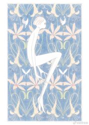 Rule 34 | 1girl, anatomical nonsense, art nouveau, blonde hair, bug, butterfly, colored skin, completely nude, floral background, flower, full body, highres, insect, kishi takuya, lily (flower), long fingers, nude, original, skinny, solo, traditional media, white butterfly, white skin
