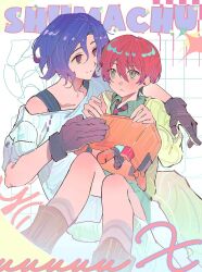 1boy 1girl amate_yuzuriha aqua_eyes artist_request blue_hair blush check_artist collared_shirt colored_inner_hair commentary_request conch_(gundam) gloves gundam gundam_gquuuuuux hetero highres korean_commentary long_sleeves looking_at_another mm19_mumu multicolored_hair necktie non-humanoid_robot purple_hair red_eyes red_hair robot school_uniform second-party_source shirt short_hair shuji_ito sitting sitting_between_lap skirt smile sweater two-tone_hair white_shirt