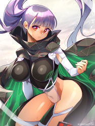 1girl belt black_cloak black_leotard blunt_bangs blush bodysuit breasts cloak covered_navel floating_hair frown glowing_lines groin highres impossible_bodysuit impossible_clothes large_breasts last_origin leotard light_particles long_hair long_sleeves phantom_(last_origin) pixiv_id ponytail purple_hair red_eyes revealing_clothes see-through_clothes shiny_skin signature skin_tight small_sweatdrop solo standing thighhighs twitter_username umigarasu_(kitsune1963) weapon white_belt white_straps