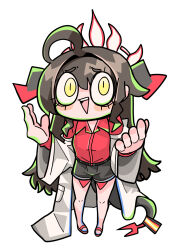 1girl blue_archive brown_hair coat denkiusagi halo highres horns kasumi_(blue_archive) long_hair red_shirt shirt shorts slippers smile tail white_background yellow_eyes