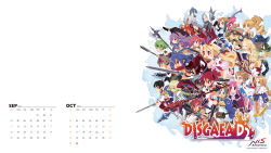 Rule 34 | 10s, 2016, 6+boys, 6+girls, animal, antenna hair, archer (disgaea), armor, armor knight (disgaea), arms up, axe, beast master (disgaea), belt, bird, black hair, blonde hair, blue eyes, blue hair, blush, brown eyes, brown hair, calendar, company name, copyright name, disgaea, disgaea d2, elder spear, empty eyes, etna (disgaea), everyone, fang, fangs, female angel (disgaea), female brawler (disgaea), female warrior (disgaea), flonne, flonne (fallen angel), full body, fur trim, goggles, goggles on headwear, green eyes, green hair, gunner (disgaea), hairband, halberd, harada takehito, healer (disgaea), highres, laharl, logo, mage (disgaea), magic knight (disgaea), male angel (disgaea), male brawler (disgaea), male healer (disgaea), male warrior (disgaea), masked hero (disgaea), multiple boys, multiple girls, navel, ninja (disgaea), october, official art, official wallpaper, onmyo monk (disgaea), open mouth, penguin, polearm, prinny, purple eyes, purple hair, red eyes, red hair, rod, ronin (disgaea), september, serious, shaman (disgaea), short shorts, shorts, sicily (disgaea), silver hair, simple background, skull (disgaea), smile, spear, staff, sword, teeth, thief (disgaea), wand, weapon, white background, wings