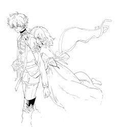 1boy 1girl barefoot dress greyscale hair_between_eyes highres hug hug_from_behind jewelry long_sleeves monochrome original qyzhiaiyisheng ribbon short_hair smile