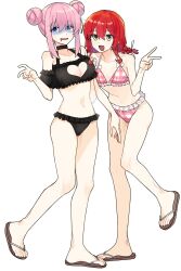 Rule 34 | 2girls, bikini, black bikini, bocchi the rock!, danji bang, double bun, full body, gotoh hitori, hair bun, highres, kita ikuyo, multiple girls, pink hair, red hair, standing, swimsuit
