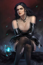 1girl alternate_costume black_choker black_garter_straps black_gloves black_hair black_thighhighs blue_eyes breasts choker cleavage dated daveqin earrings elbow_gloves garter_straps gloves highres jewelry large_breasts long_hair looking_at_viewer magic see-through_clothes see-through_thighhighs sitting solo the_witcher_(series) the_witcher_3 thighhighs torn_clothes torn_thighhighs yennefer_of_vengerberg
