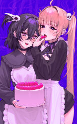 2girls apron barbell_piercing black_dress black_eyes black_hair black_shirt blonde_hair blush breasts cake cleavage collar dress ear_piercing food frilled_shirt frills fruit hair_ornament highres holding holding_cake holding_food industrial_piercing long_hair long_sleeves looking_at_viewer multiple_girls nail_polish open_mouth original piercing pink_apron pink_eyes purple_nails shirt skull_hair_ornament smile strawberry twintails waist_apron waytok