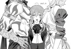 1boy 2girls 35684187031 aglaea_(honkai:_star_rail) arm_tattoo armored_gloves bisexual_female blush boy_and_girl_sandwich breasts chest_tattoo dress drooling greyscale head_out_of_frame highres honkai:_star_rail honkai_(series) large_breasts medium_hair monochrome mouth_drool multiple_girls mydei_(honkai:_star_rail) nipples own_hands_together sandwiched short_hair stelle_(honkai:_star_rail) tattoo toned toned_male trailblazer_(honkai:_star_rail)