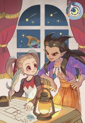 1boy 1girl alternate_hairstyle antenna_hair arm_rest black_shirt blonde_hair blueprint_(object) bone_necklace brown_hair character_request commentary_request crescent_moon curtains desk dragon_quest dragon_quest_builders_2 dress earrings fang female_builder_(dqb2) fingernails hair_pulled_back hair_ribbon hand_on_own_hip hat high-waist_pants holding holding_quill hoop_earrings inkwell janis_(hainegom) jewelry lantern leaning_on_object long_hair looking_at_another looking_at_object moon necklace night open_clothes open_mouth open_shirt orange_pants pants pink_eyes pointy_ears purple_shirt quill red_eyes red_nails red_ribbon ribbon sharp_fingernails shirt shirt_under_dress sidoh_(dqb2) sitting sleeveless sleeveless_dress slime_(dragon_quest) smile spiked_hair star_(sky) tooth_necklace twintails very_long_hair window witch_hat
