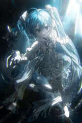 1girl absurdres ahoge ballet_dress bare_shoulders black_choker black_thighhighs blue_bow blue_dress blue_eyes blue_hair bow chinese_commentary choker commentary dress full_body gloves gramophone_miku gramophone_miku_(frostflower) hair_between_eyes hair_ornament hatsune_miku highres long_hair looking_at_viewer miku_symphony_(vocaloid) open_mouth reaching shoes sidelocks solo strapless strapless_dress thighhighs twintails vocaloid white_gloves white_shoes zadun
