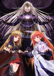 Rule 34 | 00s, 3girls, bad id, bad pixiv id, bardiche (nanoha), bardiche (standby form) (nanoha), black wings, blonde hair, blue eyes, brown hair, fate testarossa, fingerless gloves, gloves, highres, holding hands, lyrical nanoha, mahou shoujo lyrical nanoha, multiple girls, multiple wings, raising heart, raising heart (standby mode), red eyes, reinforce, takamachi nanoha, thighhighs, tom (1art.), twintails, wings