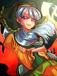 1girl apron arms_under_breasts aura blue_hair breasts commentary_request cowboy_shot dress green_apron green_background green_headscarf haniyasushin_keiki headscarf highres large_breasts long_hair looking_at_viewer open_mouth pink_eyes shippuu_jinnari smile solo touhou yellow_dress