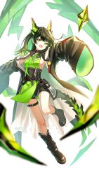 arknights bare_shoulders black_boots black_hair black_jacket boots green_eyes green_hair green_shirt highres jacket long_hair mon3tr_(arknights) multicolored_hair nori6272210 shirt simple_background thigh_strap thighs two-tone_hair white_background