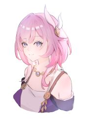 1girl absurdres bare_shoulders blue_eyes cropped_torso cyrene_(honkai:_star_rail) dress hair_ribbon highres honkai:_star_rail honkai_(series) jewelry looking_at_viewer medium_hair meiguiganyewasiduishuihe_(nulitishenghuajiban) necklace off-shoulder_dress off_shoulder pink_hair pink_pupils ribbon simple_background smile solo upper_body white_background white_ribbon