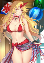 1girl bikini blonde_hair blue_sarong braid breasts chain choker cleavage collarbone commentary_request cowboy_shot cuffs earrings fingernails hataraki_kuma heart heart_choker highres horns hoshiguma_yuugi jewelry large_breasts long_hair midriff nail_polish navel parted_bangs red_bikini red_eyes red_horns red_nails sarong shackles single_horn solo star_(symbol) stomach swimsuit thighs tongue tongue_out touhou twin_braids very_long_hair wavy_hair