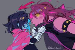 1girl 1other armlet arrow_(symbol) black_hair black_jacket blue_skin blush cape clothes_grab collar_grab colored_sclera colored_skin commentary deltarune english_commentary grey_background highres jacket jewelry kat_sune kris_(deltarune) long_hair neckwear_grab pink_cape purple_hair purple_shirt purple_skin shirt short_hair signature sleeveless sleeveless_jacket small_sweatdrop spiked_armlet susie_(deltarune) yellow_sclera