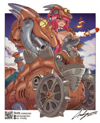 Rule 34 | 1girl, 2025, an-chang, arm cannon, armor, artist name, black bow, blush, bodice, border, bow, breasts, chrono trigger, cleavage, cloud, cloudy sky, commentary request, commission, dated, detached collar, dragon horns, dragon tank (chrono trigger), exhaust pipe, extra eyes, fang, fire, gauge, gears, hand on own stomach, helmet, highres, horns, long hair, looking down, looking to the side, mecha musume, mechanical head, mechanical tail, medium breasts, missile, mountain, multiple heads, night, night sky, original, outdoors, personification, plate armor, red hair, red nails, sharp teeth, sideboob, signature, skeb commission, sky, smoke, solo, spikes, tail, tan, taur, teeth, weapon, wheel, white border, yellow eyes