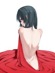 1girl absurdres alternate_hair_length alternate_hairstyle back bare_back black_hair blanket blush commentary_request completely_nude covering_privates dimples_of_venus fang from_behind highres long_hair looking_at_viewer looking_back love_live! love_live!_nijigasaki_high_school_idol_club mifune_shioriko nasuno_(nasuno42) nude nude_cover open_mouth red_eyes sideways_glance simple_background skin_fang solo white_background