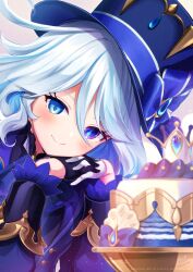 Rule 34 | &quot;pour la justice&quot; (genshin impact), 1girl, adversarial noise, ahoge, ascot, asymmetrical gloves, azuma yuki, black gloves, blue ascot, blue bow, blue eyes, blue gemstone, blue hair, blue hat, blue pupils, blue ribbon, blush, bow, cake, closed mouth, commentary, drop-shaped pupils, food, furina (genshin impact), gem, genshin impact, gloves, hair between eyes, hat, hat bow, hat ribbon, head rest, heterochromia, highres, interlocked fingers, light blue hair, long hair, long sleeves, looking at viewer, mismatched gloves, multicolored hair, ribbon, signature, smile, solo, streaked hair, symbol-shaped pupils, upper body, white gloves, white hair