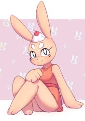 1girl animal_nose animal_print arm_support bare_shoulders blush body_fur breasts cherry closed_mouth cream crossed_legs dress female_focus food food_on_head fruit full_body furry furry_female hand_on_own_knee happy keki_(kekitopu) kekitopu knees_up legs looking_at_viewer medium_breasts nose_blush object_on_head orange_dress orange_fur original pink_background rabbit_ears rabbit_girl rabbit_print short_dress sitting sleeveless sleeveless_dress smile solo split_mouth thick_eyebrows thighs whiskers white_eyes
