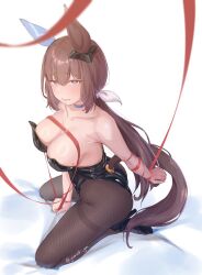 1girl admire_vega_(umamusume) animal_ears ass black_shoes blue_choker blush breasts brown_hair brown_pantyhose choker clothing_cutout ear_covers ear_ornament from_side full_body hair_between_eyes high_heels highres horse_ears horse_girl horse_tail kneeling large_breasts latex latex_leotard leotard long_hair looking_at_viewer low_ponytail open_mouth pantyhose ponytail purple_eyes raised_inner_eyebrows red_ribbon ribbon shiny_clothes shoes single_ear_cover solo strapless strapless_leotard tail tail_through_clothes twisted_torso twitter_username umamusume very_long_hair yonemochi_yume